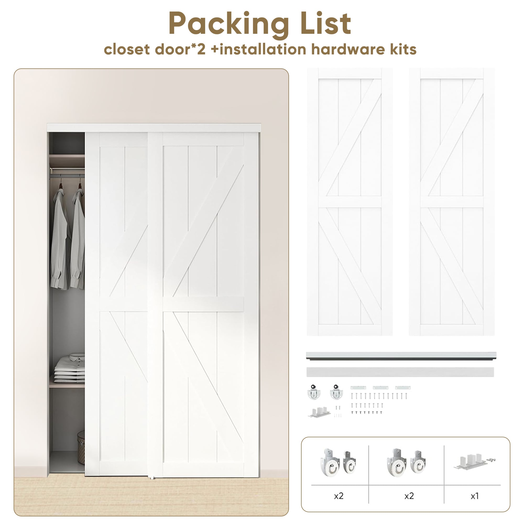 JUBEST 60"(Double 31") X80" Sliding Closet Door, K Style Bypass Closet Door With Hardware Kit & Matching Fascia, Preassembled Solid Wood Slab With Water-Proof PVC Surface, Easy To Install, White_voghion.com